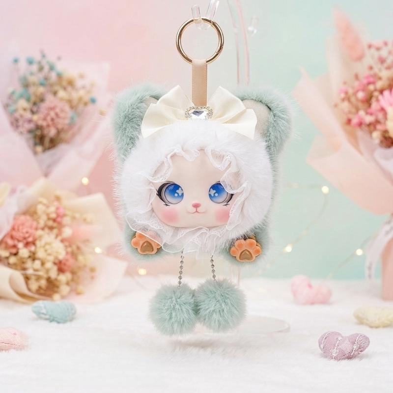 Cute Rabbit Ear Plush Doll Keychain Soft Vinyl Face Plush Pendant Kawaii Bag Charm Lolita Style Key Ring Backpack Hanging Orname
