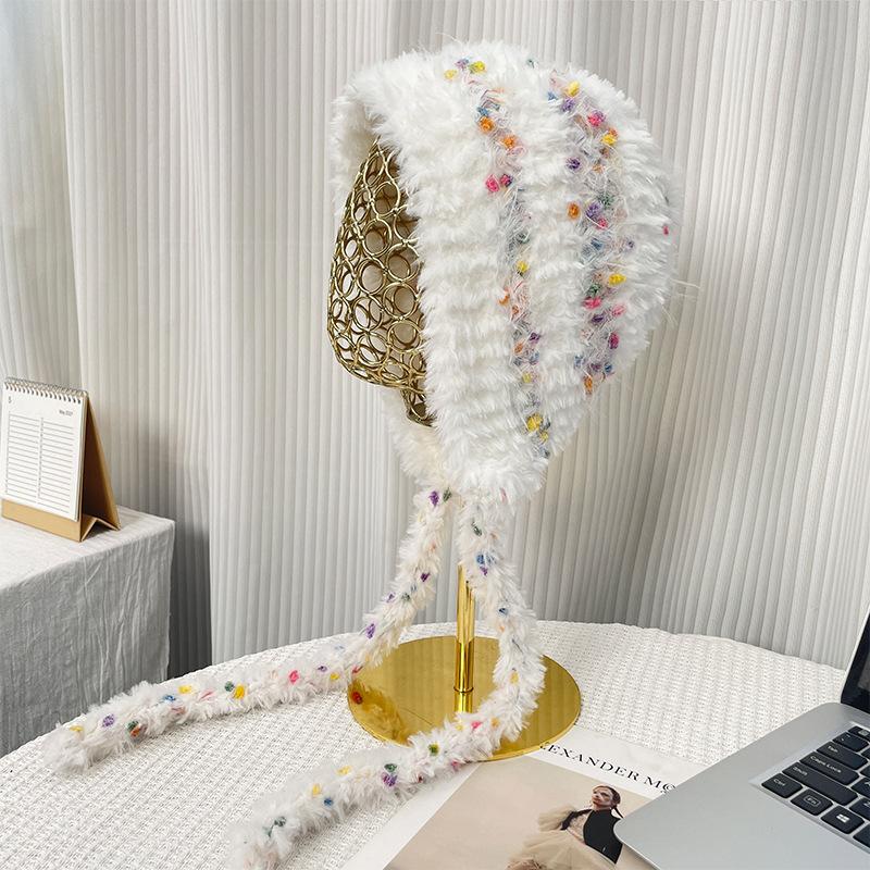 Color matching plush hat women's autumn and winter thickened warm and cold-proof small face outdoor knitted cold hat