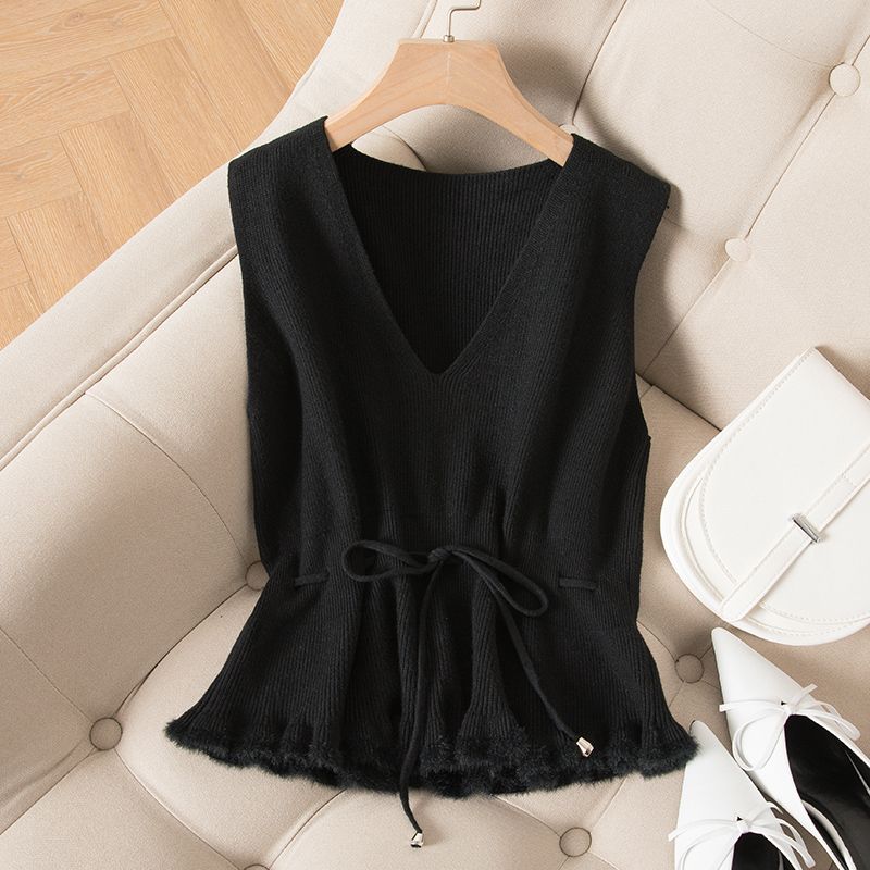 Blue Knit Vest Drawstring Waistband Design Ruffle Hem Sweet Women Pullover Sweater Simple Casual Sleeveless Coat Commuting Fall