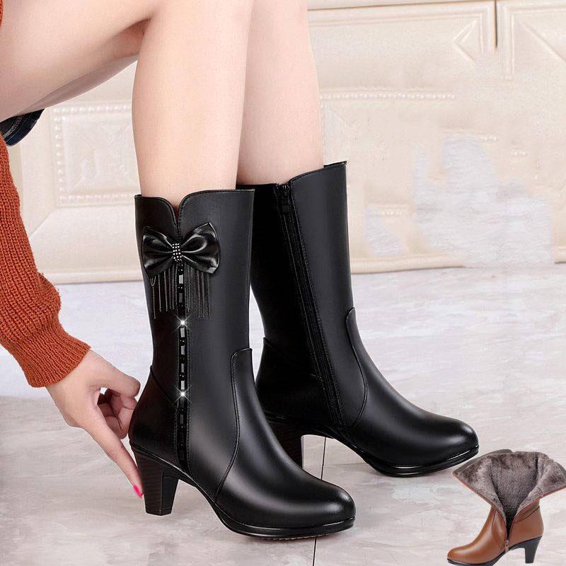 Ladies Shoes Side Zip Mid-Calf Women's Boots Keep Warm Modern Boots Women Bow Tie Fringe Round Toe Med Heel PU Shoes Women