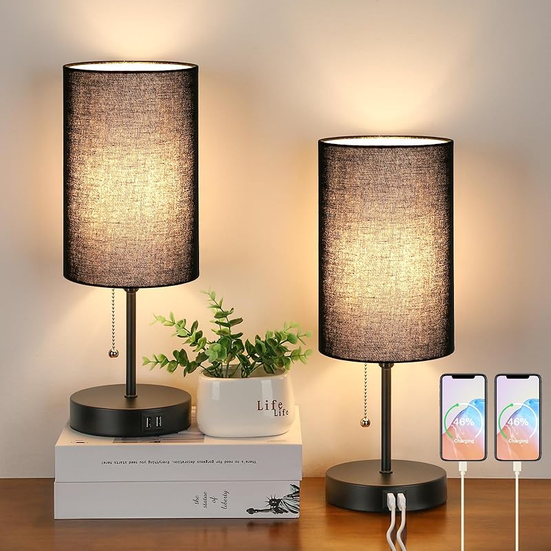 Lakumu Set of 2 Table Lamps with 2 USB Ports, Modern Bedside, Desk Lamps with Pull Chain, Nightstand Lamps with Cream Fabric Shade and Oak Metal Base