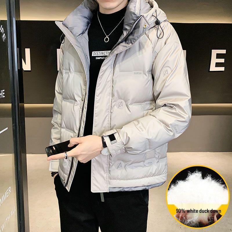 

Men s 90% White Duck Down Hooded Jacket, Lightweight Korean Style 2024, Trendy Short Casual Outerwear M шампанського