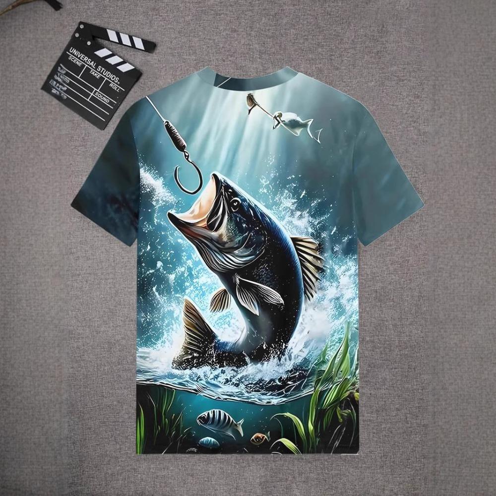Boys' short-sleeved T-shirt with a round neck and a 3D summer fish print