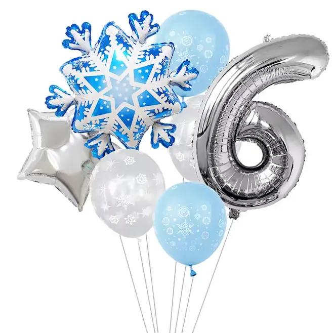 7Pcs Snowflake 32 inch Number 1-9 Foil Balloon Set Winter Snowflake Frozen Theme Balloons Birthday Party Holiday Decorations