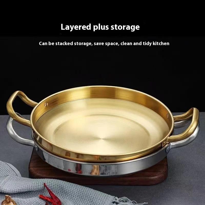 Handle Frying Pan Stainless Steel Paella Pan with Gold Handle Cooking Pot Seafood Rice Pans Non Stick  Skillet Kitchen Cookware