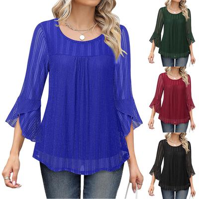 Damen Rundhals Dreiviertelarm Netzoberteil Figurbetont Elegante Chiffonbluse
