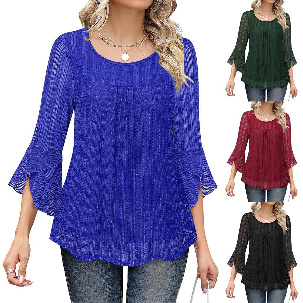 Women's Crew Neck Three Quarter Sleeve Mesh Top Slim Fit Elegant Chiffon Blouse
