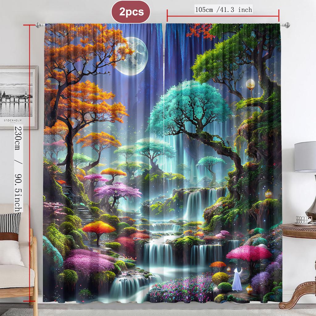 2PC Home Decoration Curtains, Dreamy City Background With Pole Pocket Curtains, Kitchen, Coffee Shop, Living Room, Balcony