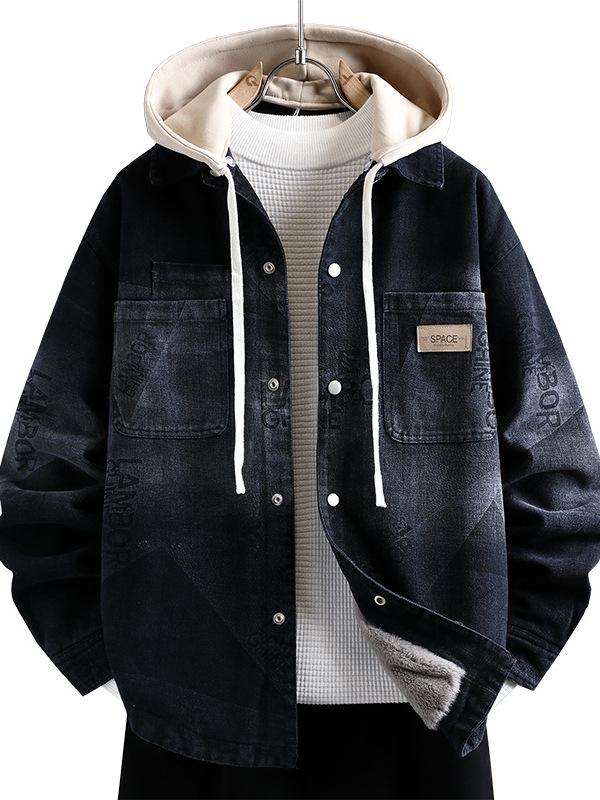 Men's Trendy Velvet-Lined Denim Hooded Jacket for Youth - Winter Warmth