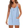 Women's Casual Solid Color V-Neck Buttoned Pullover Sleeveless Fake Two Piece Dresses