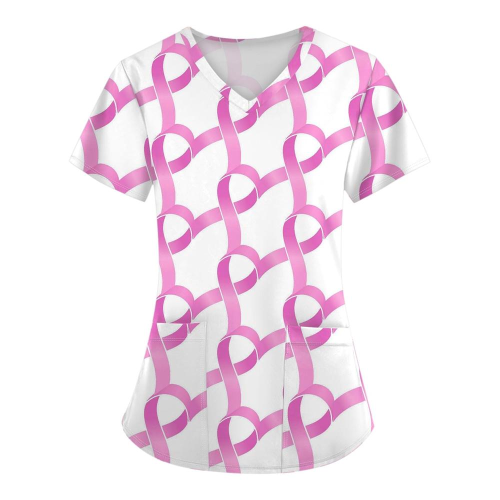 Surgical Uniforms Woman Heart Printed V-Neck Nurses Tops Short Sleeve Patch Pocket Medical Uniforms Surgical Uniforms Nursing
