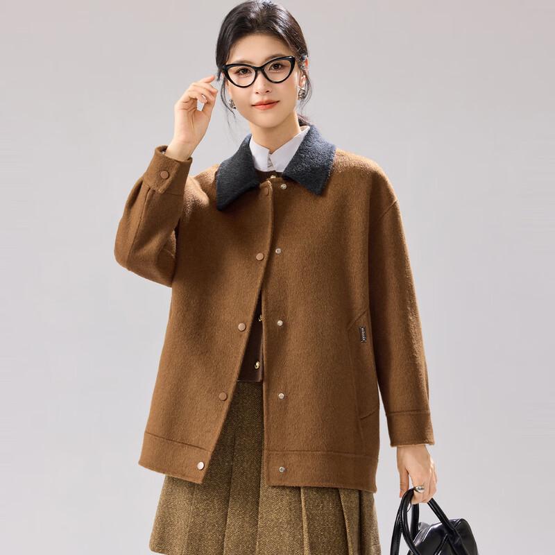 Женское двустороннее короткое пальто 100% шерсть с контрастным лацканом S