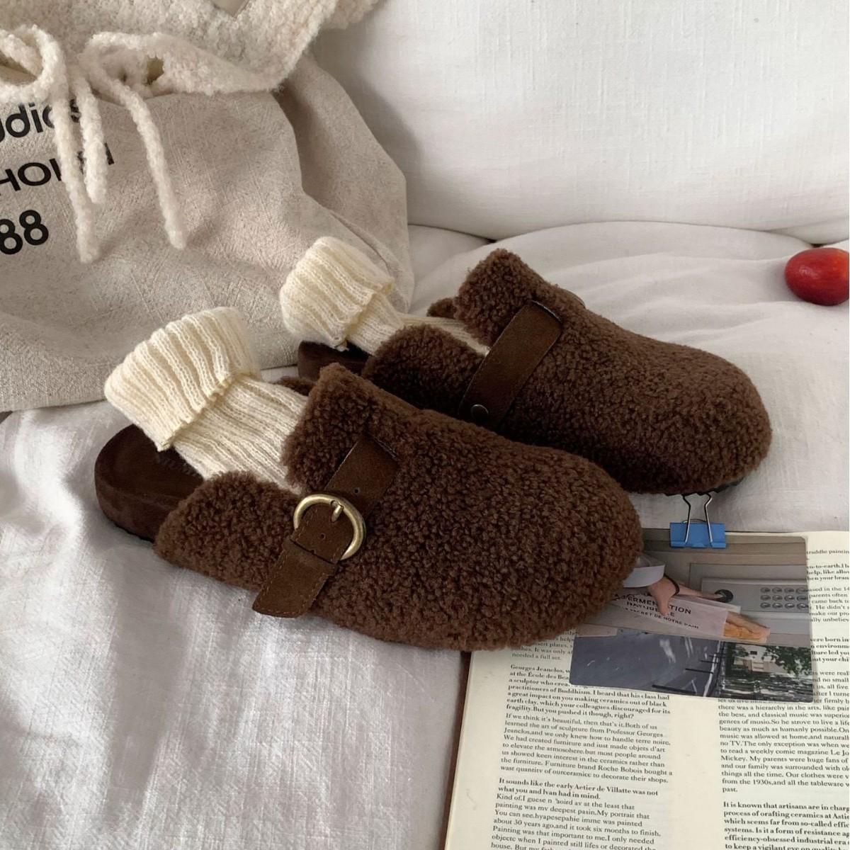 

2025 осень и зима новый шерстяной кожаный ремень пряжка толстая подошва круглый носок бархатный бокен для работы полусапоги женские туфли 39