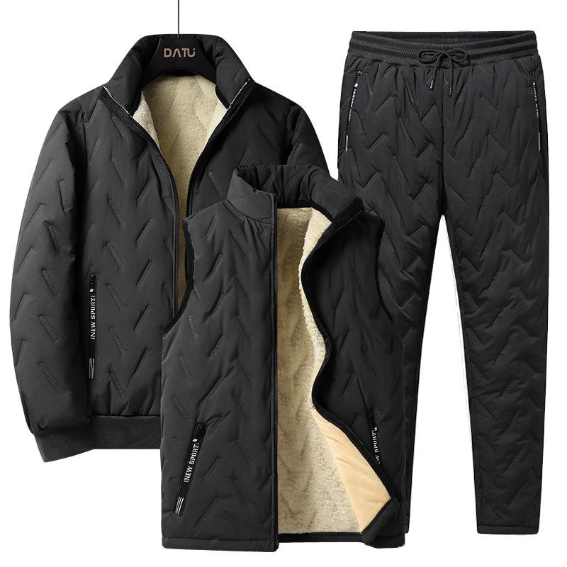 Men's Ultrasonic Lambswool Three-Piece Winter Set: Warm Vest, Stand Collar Cotton Jacket, Plus Velvet Pants