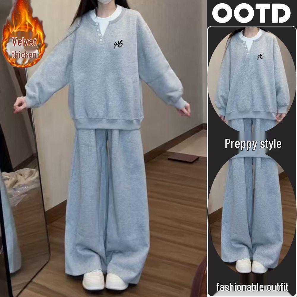 Korean Style Two-Piece Hoodie and Wide-Leg Pants Set for Women - Plus Velvet Thickened Fashion