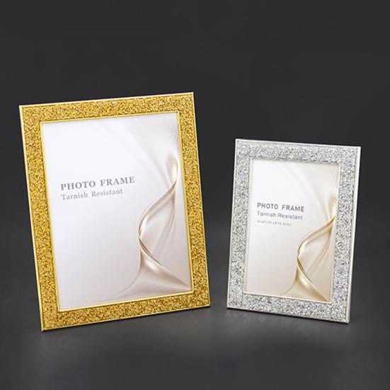 5/6/7 Inch Photo Frame Shiny Rhinestone Edge Electroplated Stainless Standing Anti-skid Luxury Oblong Glitter Wall Mounting Table Top Display Picture