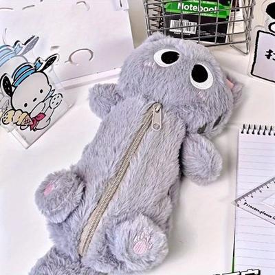 Sivý plyšový mačací peračník Vysoko hodnotný Roztomilý Stolový Kreslený Veľkokapacitný Študentský Mliečny Fufu Taška na ukladanie písacích potrieb