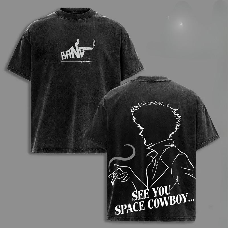 Spike Cowboy Bebop Графическая футболка Мужская Женская С коротким рукавом Хлопковые футболки Винтажная стираная футболка Харадзюку Мужская Оверсайз футболка S