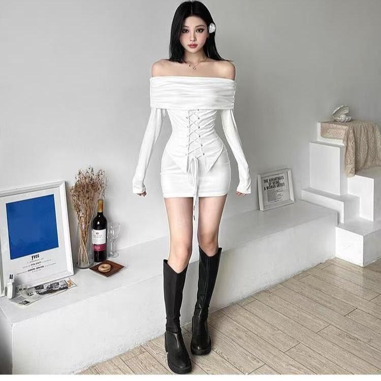 Pure desire spice girl splicing one-word shoulder dress women's waist and thin black dress slim-fitting hip-wrapped short skirt
