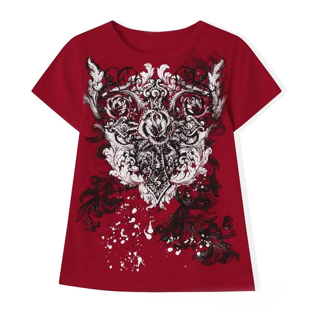 KOSY Women Short Sleeve T-Shirts Fashion Print Round Neck Shirts Summer Gothic Slim Fit Casual Tops Y2K E Girl Streetwear