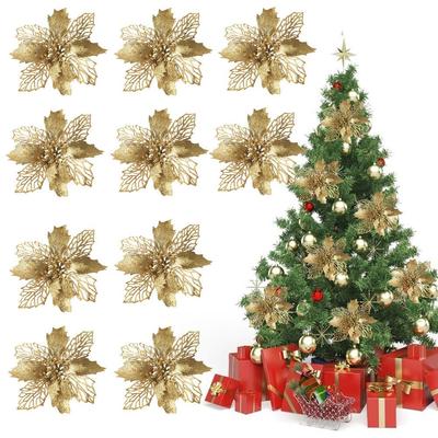 10PCS Christmas Glitter Poinsettia Flowers Christmas Decoration Reusable Artificial Flowers