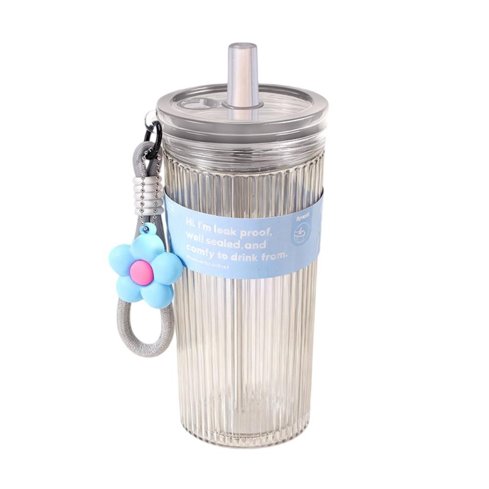 

650ML Large Capacity Summer Plastic Straw Cup Leak Proof Flower pendant Drinking Cup with Lid & Hanging rope Transparent