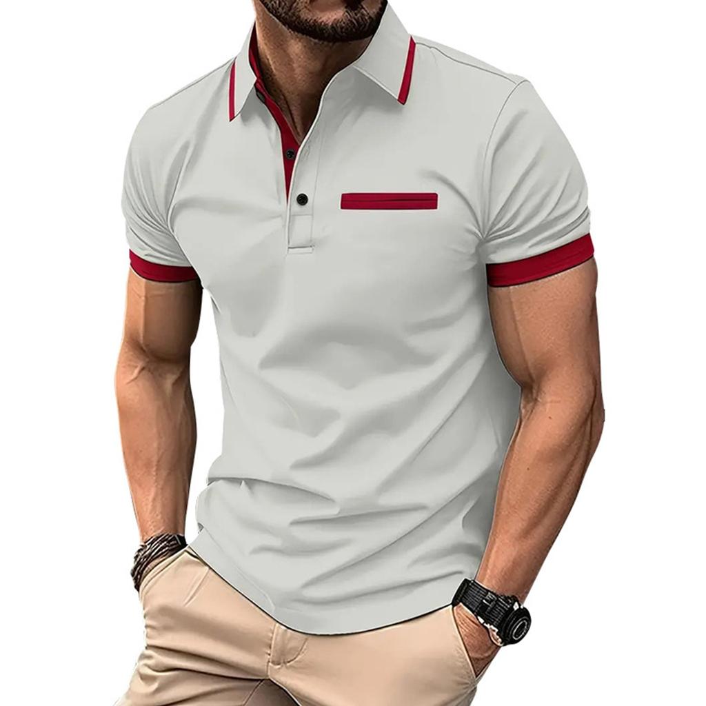 Men's Casual Shirt With Fake Chest Pocket, Lapel Buttons, Business T-shirt, Color Blocked Top For Men