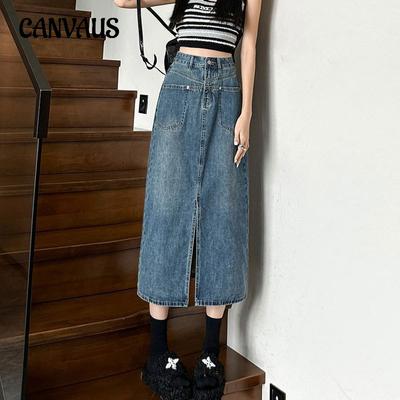 Women's Pocket High Waist Cowboy Split Half-body Skirt Casual Covering Flesh A-Line Mid-Length Vintage Package Hip Skirt