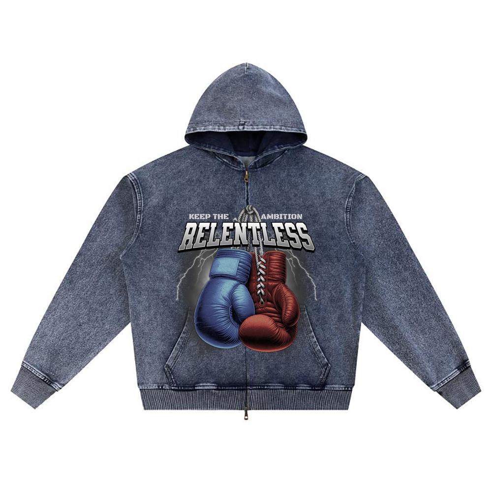 DTG print Knitted Denim Zip-Up Hoodie Relentless Brother Print Zipper Hoodies