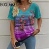 Summer Casual Loose Short Sleeve T Shirt Vintage V-Neck Flowers Printed Women's Tee Tops