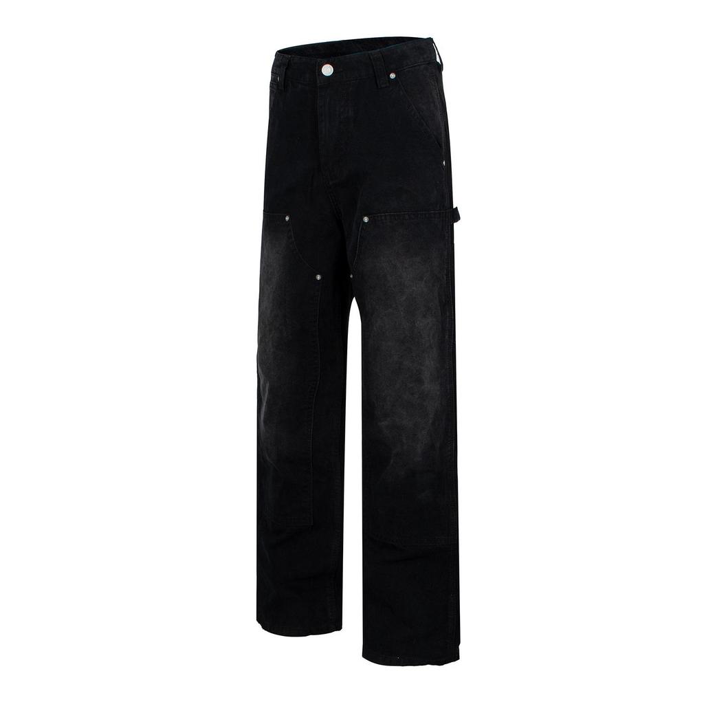 American Retro Unisex Patchwork Lumberjack Pants with Rivet Detail - Loose Straight-Leg