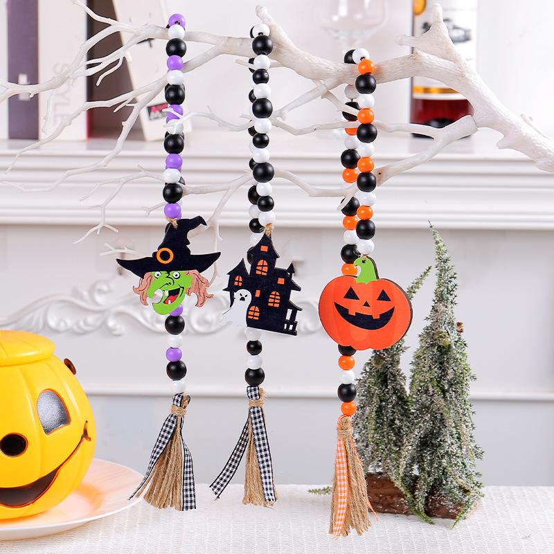 Halloween Wooden Bead Pendant Creative Witch Castle Pendant Ghost Party Decoration