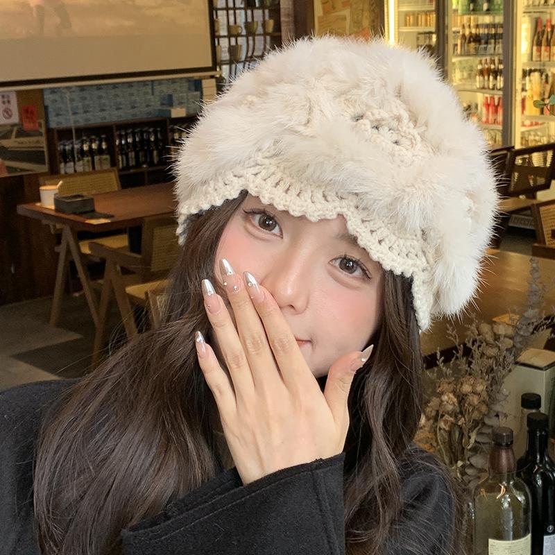 Mao Mao Hat Real Mao Rabbit Plush Fur Hat Versatile Cold-proof Warm Wool Knitted Baotou Hat Women's Winter