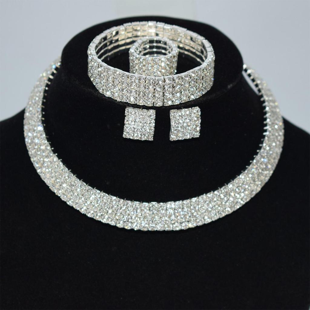 Gold & Silver Rhinestone Jewelry Set: Choker, Bracelet, Stud Earrings, & Necklace