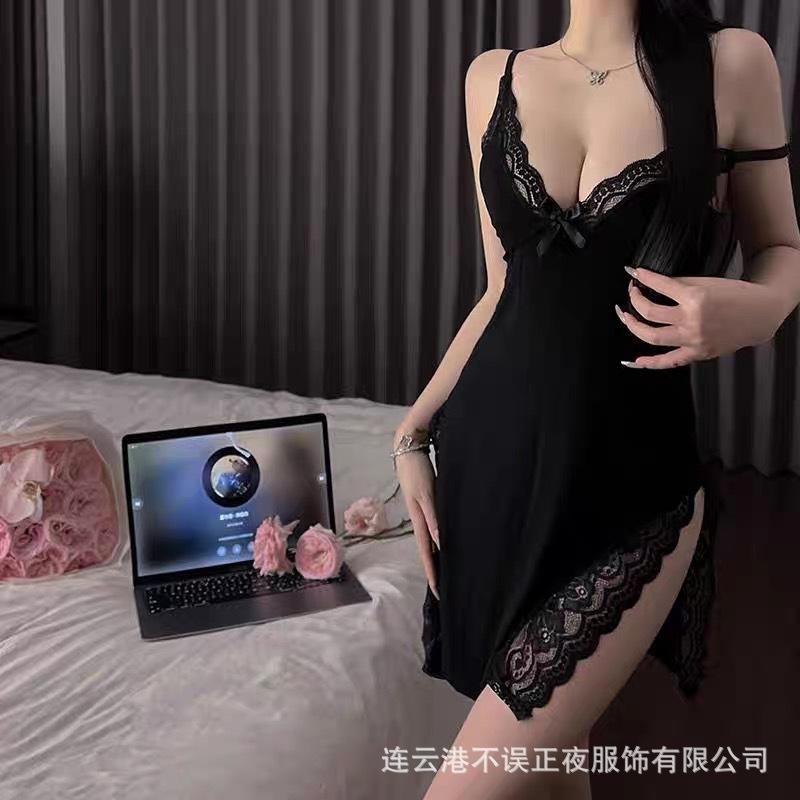 Erotic Lingerie Pure Desire Lace Sundress Deep V Free Sex Small Breasts Temptation Pajamas Woman Qqny