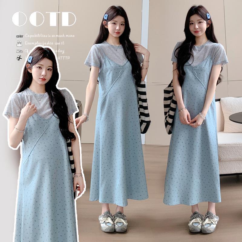 Chic Summer Floral Maternity Dress & T-Shirt Set M