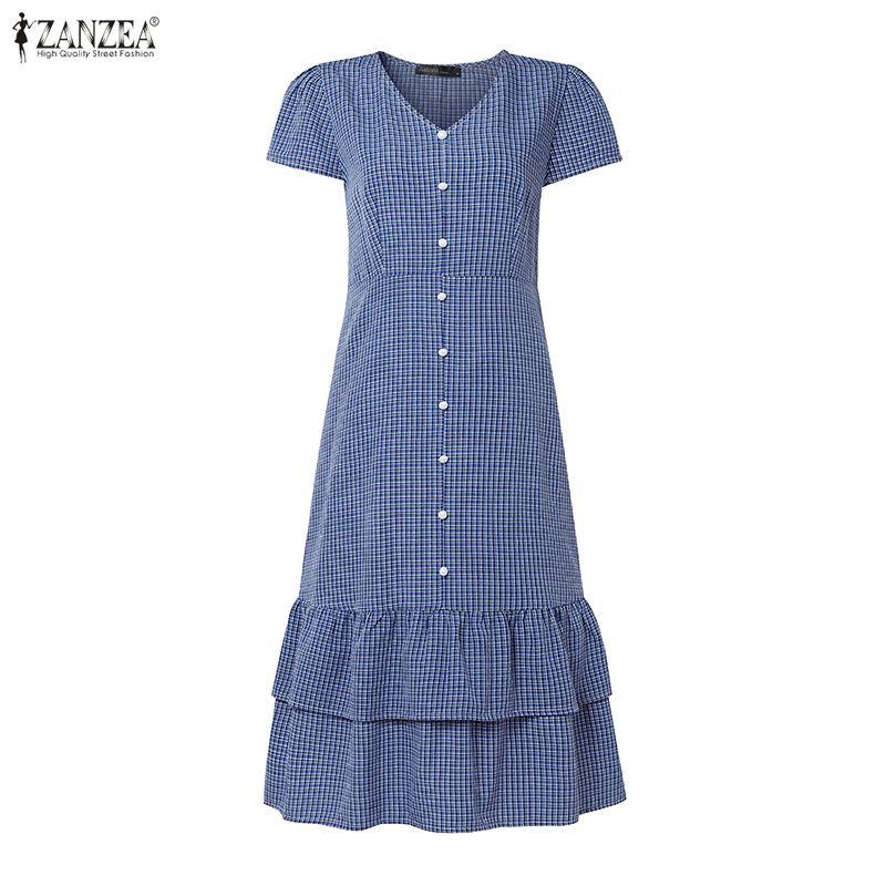ZANZEA Women Daily Summer V-Neck Plaid Print Short Sleeve Casual Dress