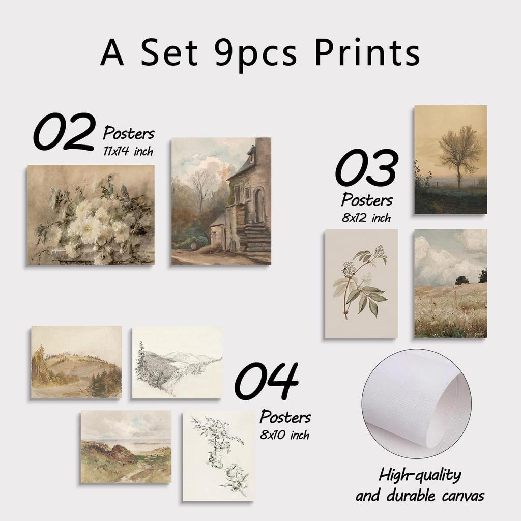 TheCanvas Vintage Wall Art Prints Set of 9, Eclectic Nature Wall Art for Living Room, French Country Landscape Painting, Gallery Wall Decor for
