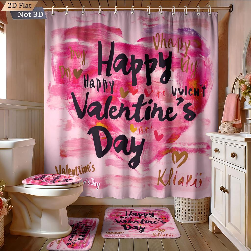 4 Stück Valentinstag Romantische Rose Blume Gedrucktes Badezimmer-Set Wasserdichter Duschvorhang Fußmatte Toilettenmatte U-förmige Matte