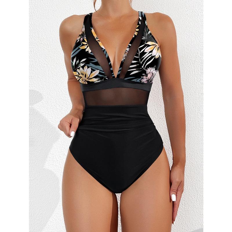 2026 New Bikini European and American Solid Color Mesh Halter Sexy Bikini One-piece Swimsuit Swimsuit