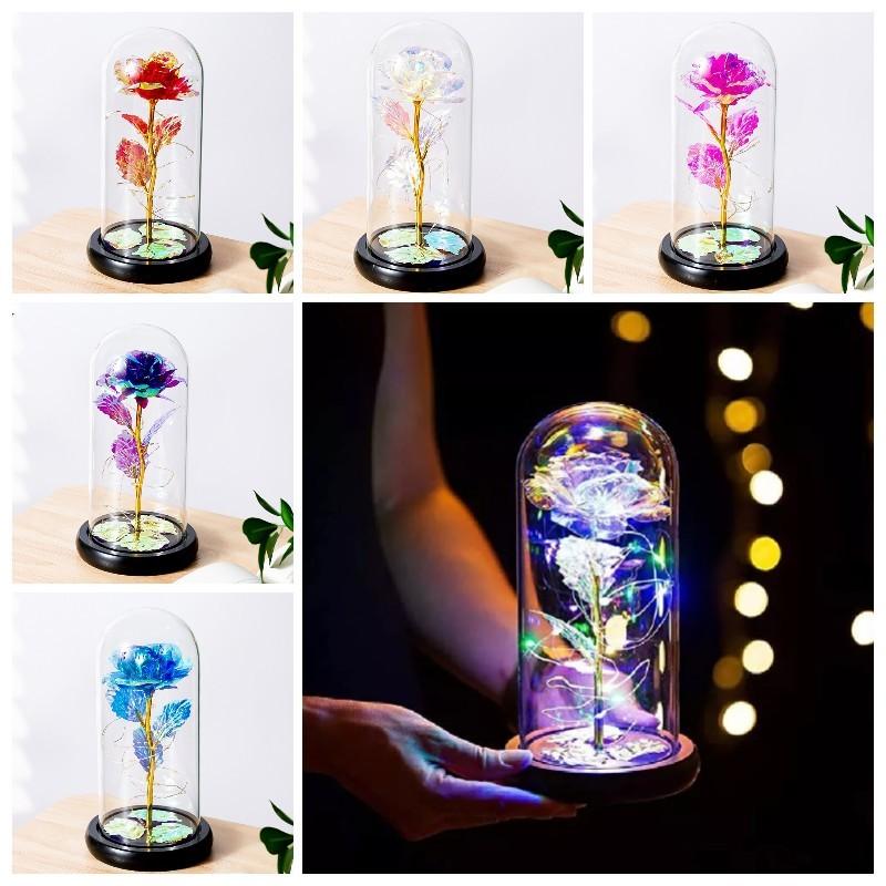 Romantic Rose Forever Flower In Dome Led Light Valentine Day Birthday Gift Decor