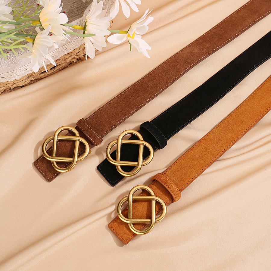 2.8cm Wide Suede Cowhide Belt for Women, Vintage Style with Retro Golden Buckle, Skinny Waistband for Dresses & Jeans