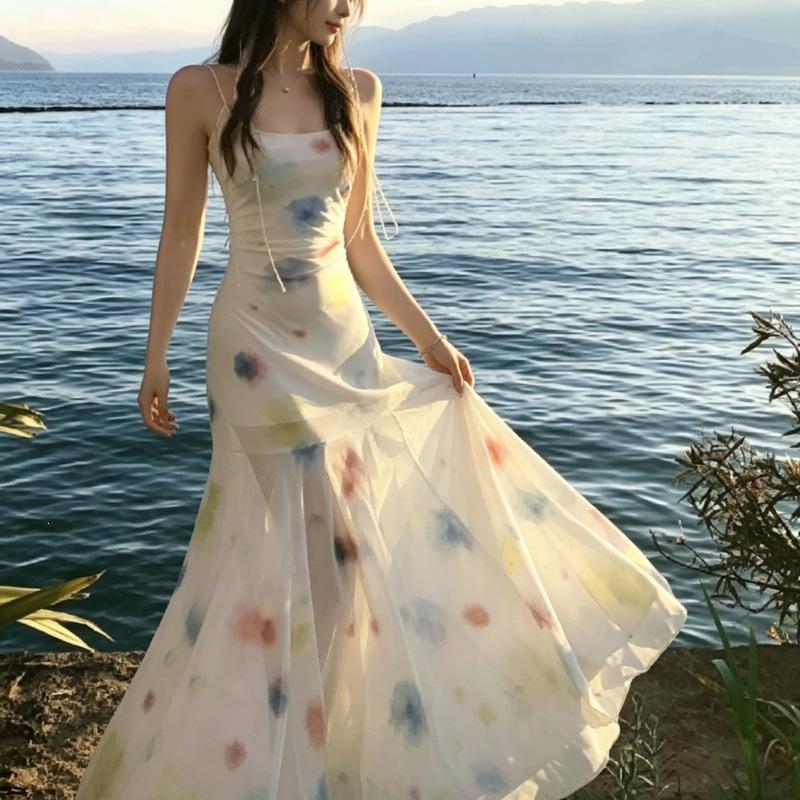 2026 new summer watercolor suspender dress women's summer small long irregular skirt fishtail skirt