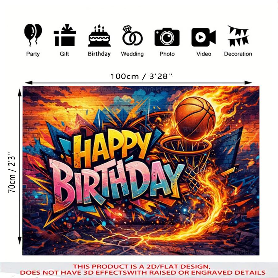 1pc 2D Flat Basketball Theme Birthday Party Backdrop Banner Graffiti Decorative Banner For Garden Patio Indoor Outdoor Celebration Scene