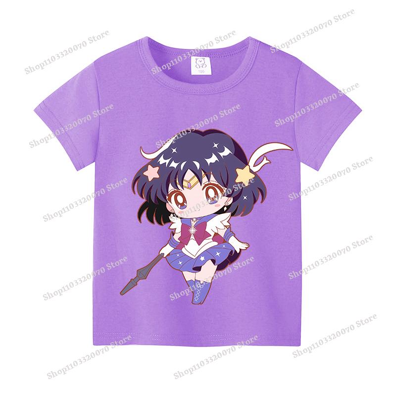 Sailors Moons Cotton T-shirt Sweet Anime Printed Girl Short Sleeve Cartoon Casual Kids Shirts Summer Child Tops