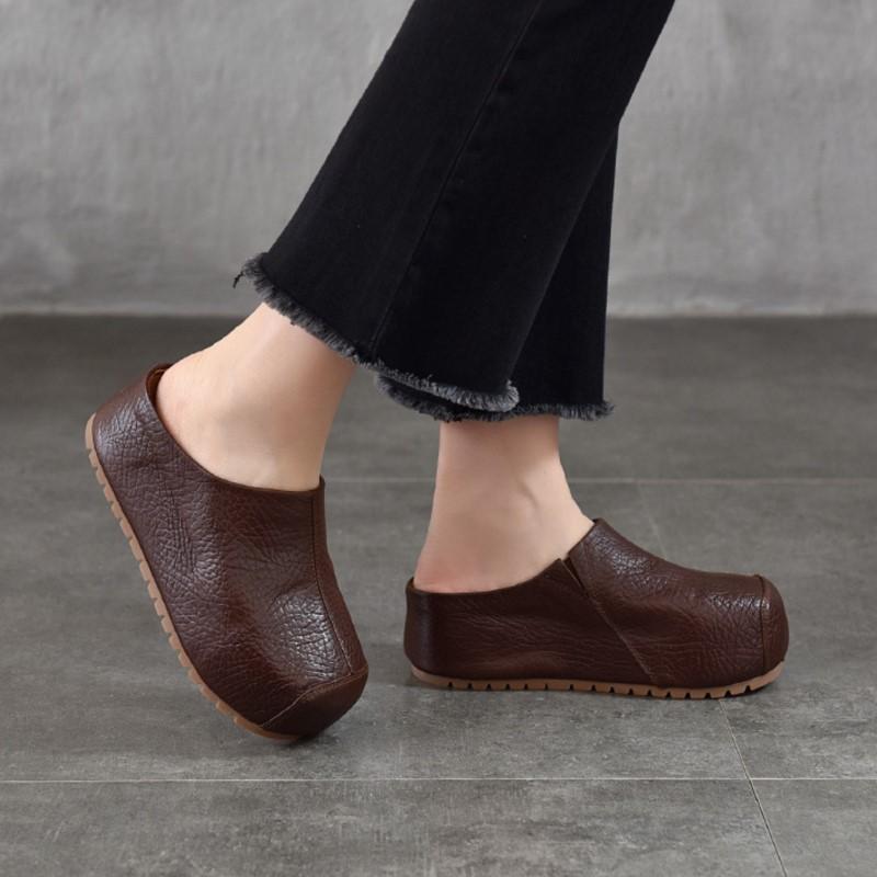 Johnature Genuine Leather Height-increasing Sandals Versatile Thick Soled Round Toe Women's Outdoor Slippers