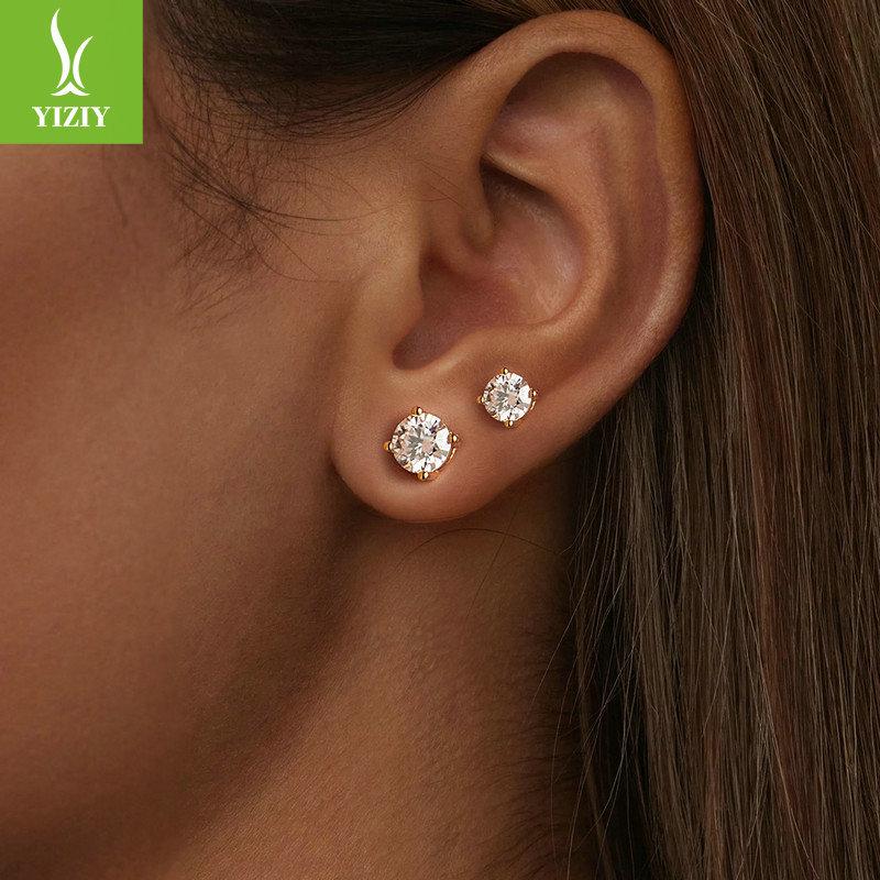 Two-Carat Four-Claw Mozzarella Diamond Stud Earrings, Simple Light Luxury High-End S925 Silver Threaded Earrings.