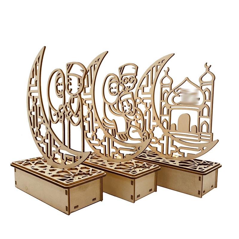 Hölzerne Eid-Dekoration Nachtlicht Ramadan Desktop-Ornament DIY LED-Lampe Handwerk Islamisch Muslimische Heimparty Dekoration Geschenke
