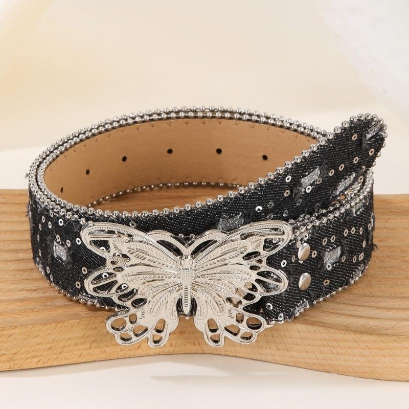 Punk PU Waist Belt for Jean Heavy Duty Hip Hop Belt Waistband Glinting Buckle with Encrusted Butterfly