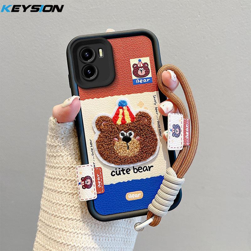 KEYSION Cartoon Cute Plush Embroidery Case for VIVO Y15S Y15A with Lanyard Soft Silicone Shockproof Phone Cover for VIVO Y16 Y01